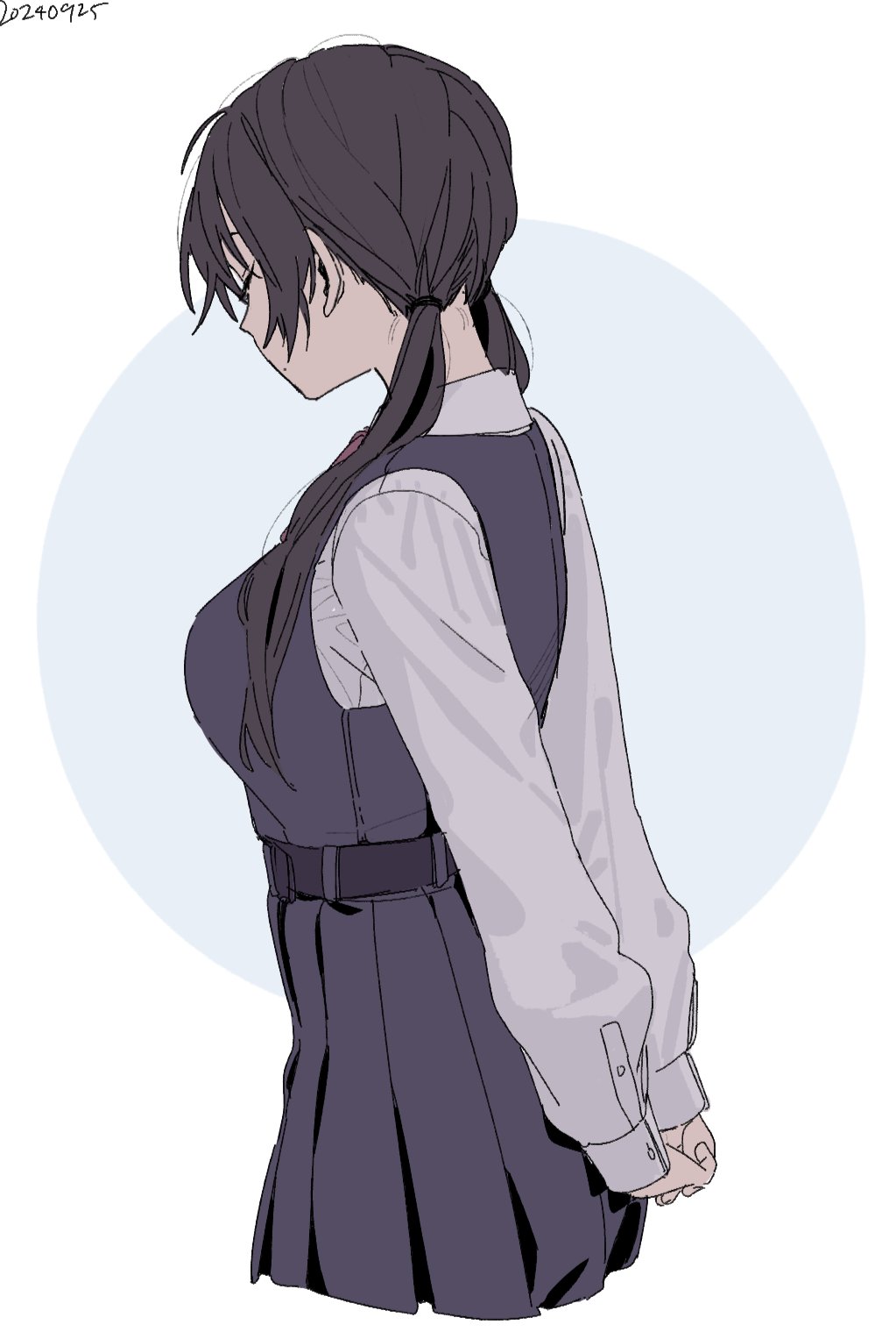 1girl, arms_behind_back, belt, blue_background, blue_dress, closed_eyes, cropped_legs, dated