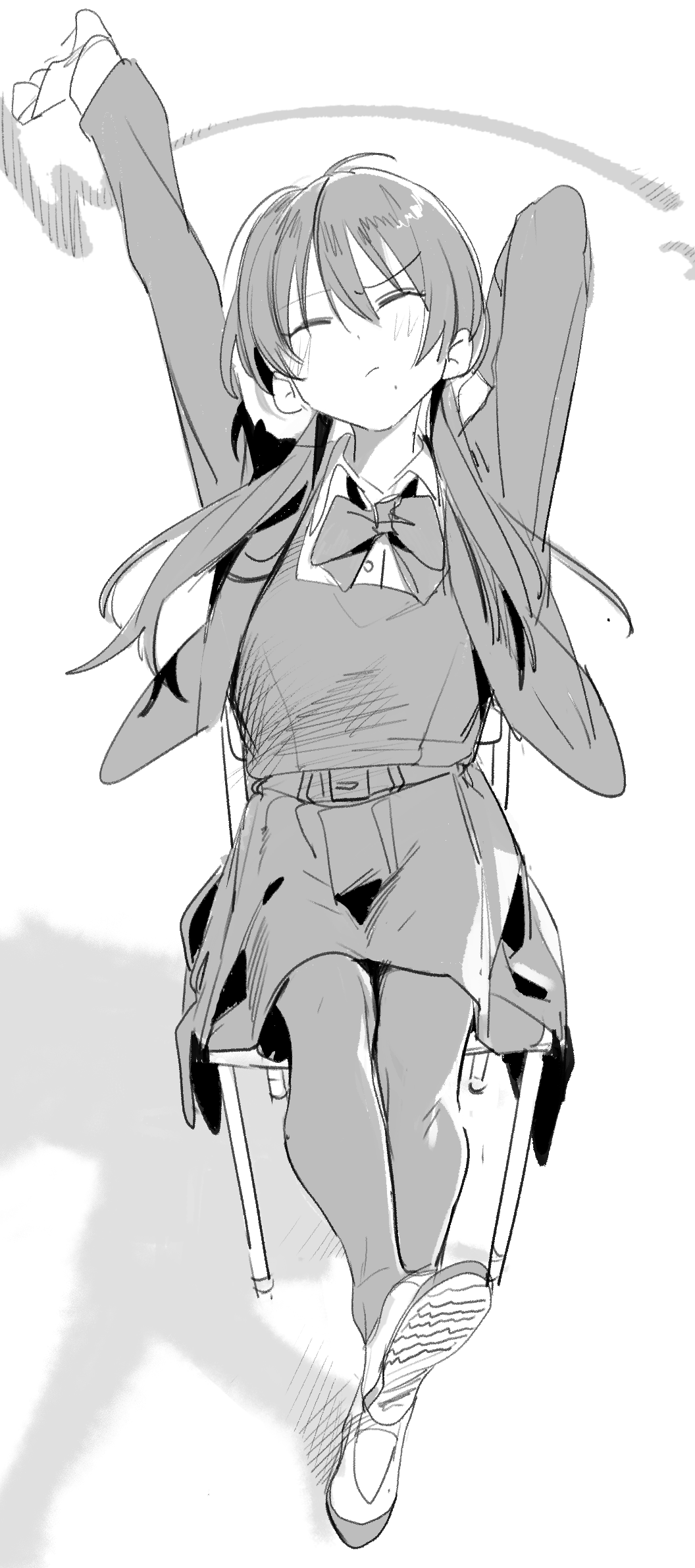 1girl, bow, bowtie, chair, closed_eyes, collared_shirt, dress, dress_shirt