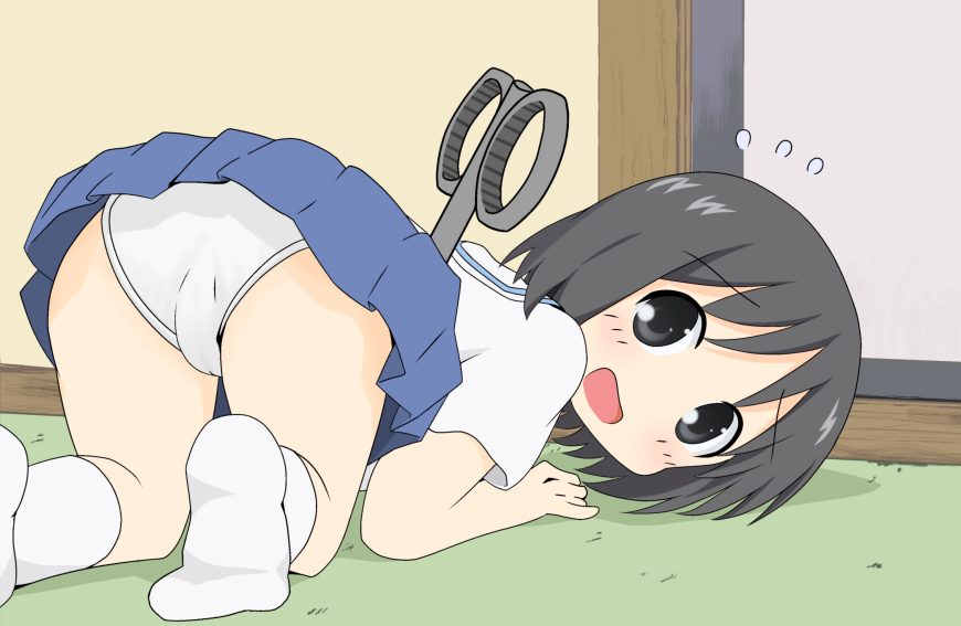 1girl, all_fours, ass, black_eyes, black_hair, buchi_(shimauma_kenkyuujo), female_focus, from_behind, looking_back, nichijou, no_shoes, open_mouth, panties, pantyshot, school_uniform, shinonome_nano, short_hair, skirt, socks, solo, sweatdrop, tokisadame_school_uniform, underwear, upskirt, verderayo, winding_key