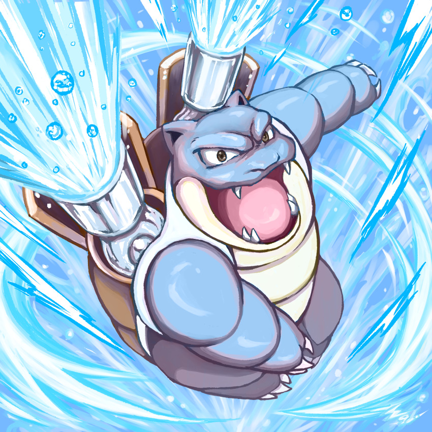 blastoise, brown_eyes, cannon, claws, fangs, gen_1_pokemon, highres, hydro_pump_(pokemon), nintendo, no_humans, open_mouth, pokemon, pokemon_(creature), pokemon_focus, pokemon_move, shoulder_cannon, solo, tongue, v-shaped_eyes, wai152, water