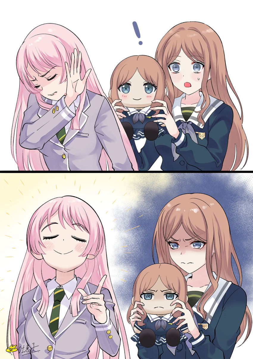 2girls, angry, bang_dream!, bang_dream!_it's_mygo!!!!!, blue_eyes, blue_shirt, blush, brown_hair