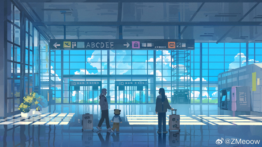 1girl, 2boys, black_hair, black_pants, blue_hair, blue_sky, brown_pants, cloud