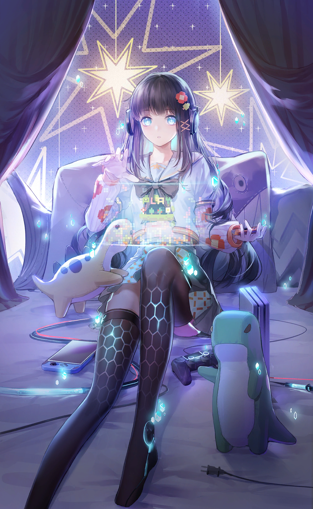 1girl, ai_(shining_nikki), aqua_skirt, artist_request, black_boots, black_bow, black_bowtie, black_shirt