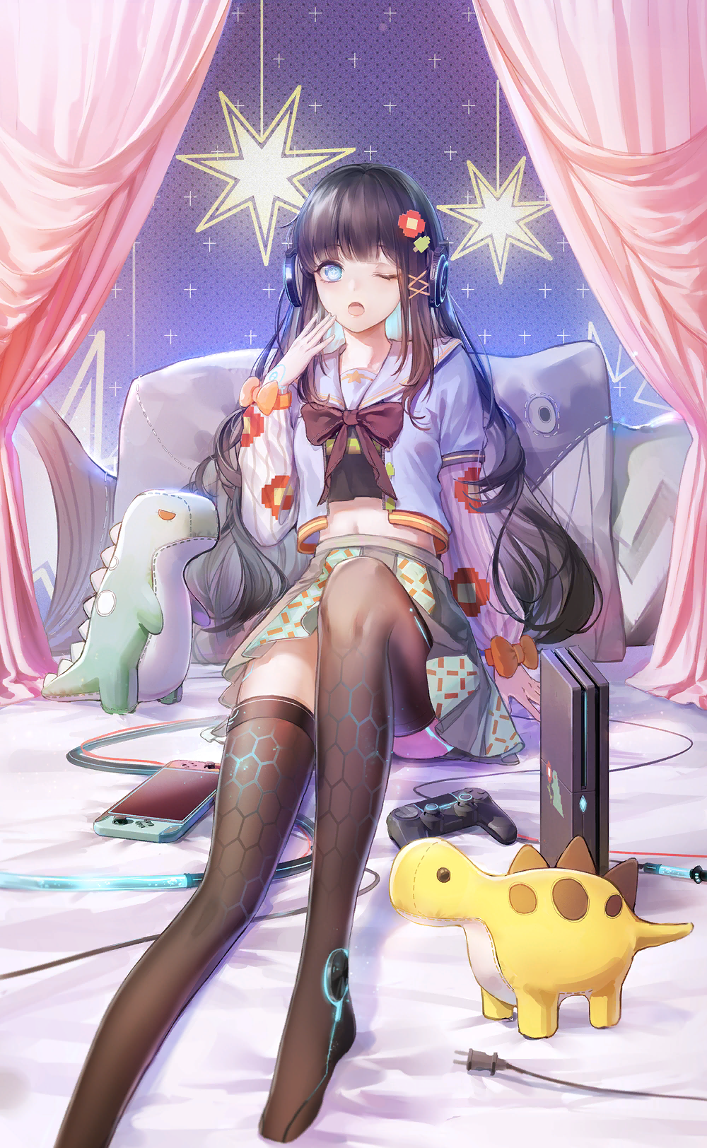1girl, ai_(shining_nikki), aqua_skirt, artist_request, black_boots, black_shirt, blue_jacket, blunt_bangs, boots, bow, bowtie, brown_bow, brown_bowtie, brown_hair, cable, colored_inner_hair, controller, cropped_shirt, curtains, floral_print, flower, foot_out_of_frame, game_cg, game_console, game_controller, grey_sailor_collar, grey_skirt, hair_flower, hair_ornament, hair_ribbon, headphones, high-waist_skirt, highres, jacket, knee_up, layered_sleeves, leaf_hair_ornament, long_hair, long_sleeves, midriff, miniskirt, multicolored_hair, navel, nikki_(series), nintendo_switch, official_art, one_eye_closed, open_clothes, open_jacket, pillow, pink_ribbon, pixel_adventure_(shining_nikki), pleated_skirt, red_flower, ribbon, sailor_collar, see-through_clothes, see-through_footwear, shadow, shining_nikki, shirt, short_over_long_sleeves, short_sleeves, skirt, sleepy, solo, stuffed_animal, stuffed_dinosaur, stuffed_toy, thigh_boots, tress_ribbon, two-tone_skirt, vertical-striped_sleeves, very_long_hair, wavy_hair, white_sleeves, yawning