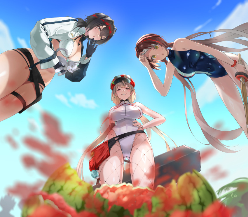 3girls, :o, absurdres, adin_(epic_seven), animal, aram_(epic_seven), bag, bare_shoulders