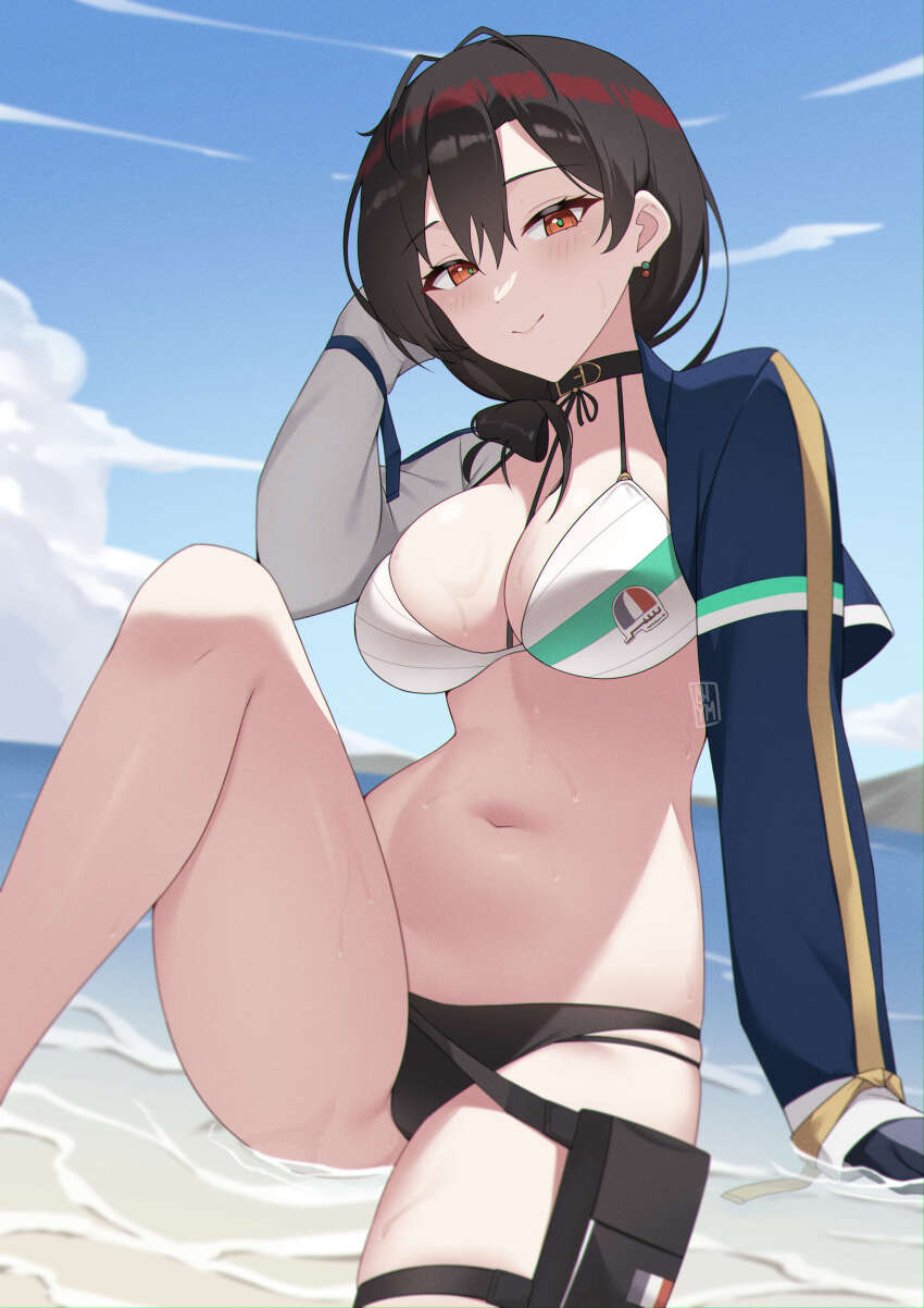 1girl, absurdres, arm_support, beach, bikini, black_bikini, black_choker, black_gloves