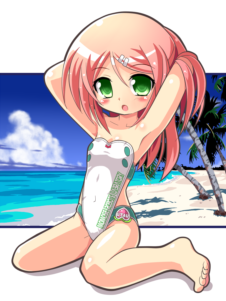 bare_shoulders, barefoot, beach, casual_one-piece_swimsuit, green_eyes, long_hair, miokuri, momone_momo