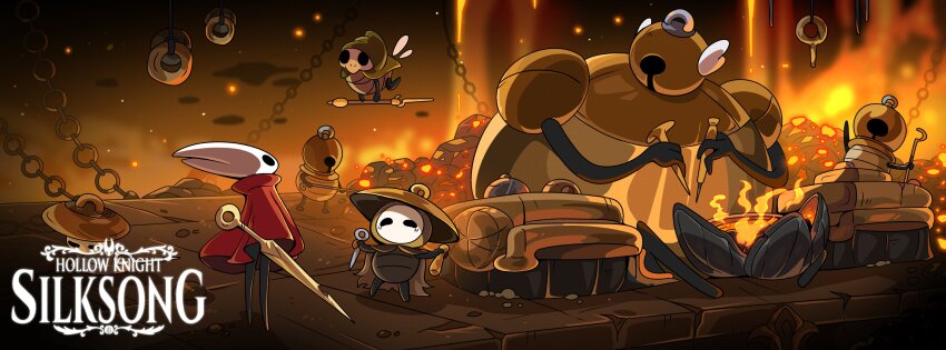 1boy, 2girls, 3others, absurdres, armor, bell, black_eyes, blank_eyes, chain, cloak, forge_daughter_(hollow_knight), hat, helmet, highres, hollow_knight, hollow_knight:_silksong, horned_mask, hornet_(hollow_knight), logo, mask, multiple_girls, multiple_others, needle_(hollow_knight), red_cloak, sherma_(hollow_knight), shibeshibe9, white_mask