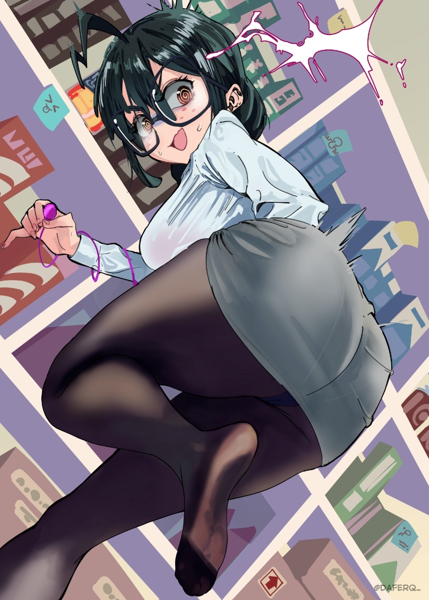 >p<, 1girl, :s, @_@, ahoge, ass, ass_focus, black_hair