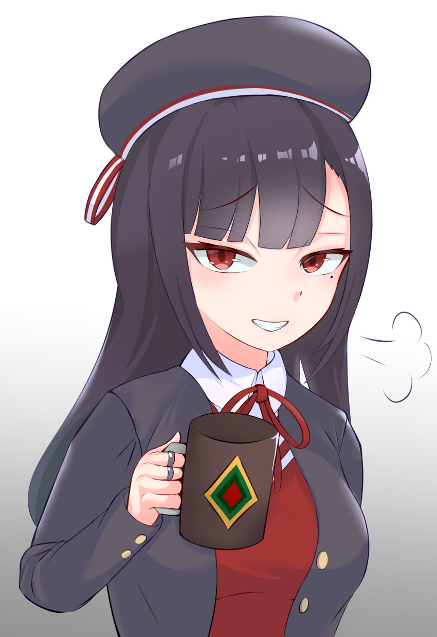 1girl, akaruii_31, banmin_chan, beret, black_hair, black_hat, black_jacket, blunt_bangs