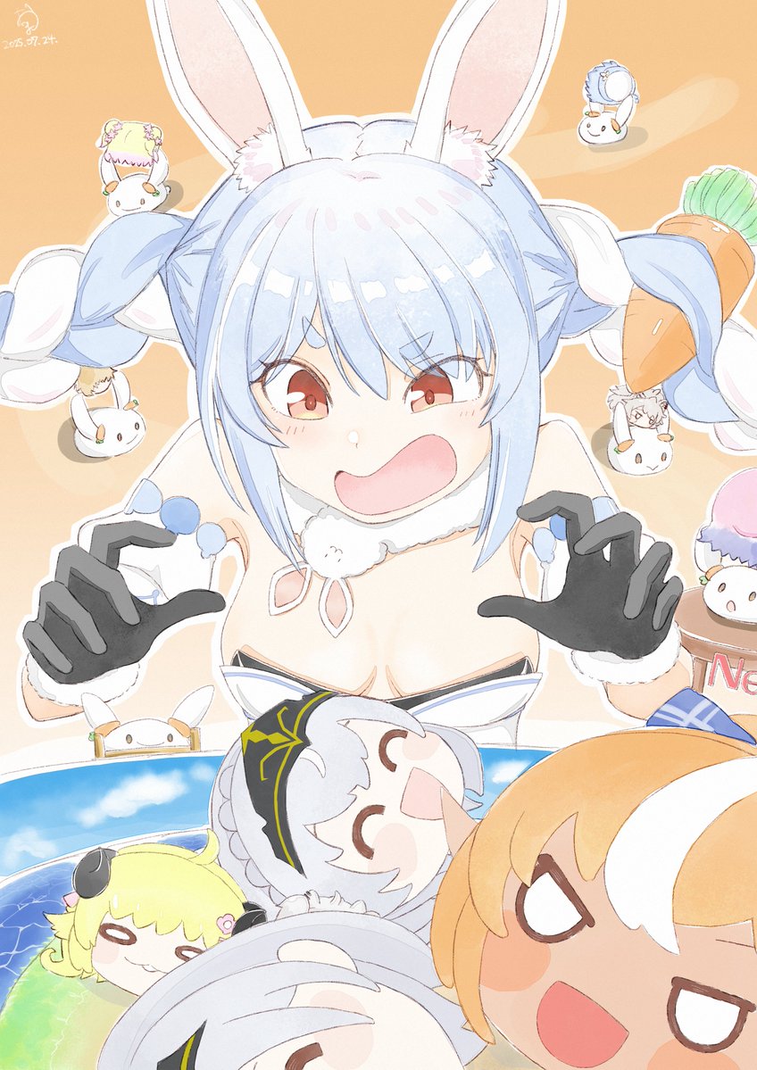 1girl, :d, ^_^, animal_ears, bare_shoulders, black_gloves, blue_hair, braid, breasts, carrot_hair_ornament, character_request, check_character, cleavage, closed_eyes, coat, dated, detached_sleeves, disembodied_head, don-chan_(usada_pekora), food-themed_hair_ornament, fur-trimmed_gloves, fur_trim, gloves, hair_ornament, hololive, hololive_fantasy, hololive_treasure_mountain, light_blush, long_hair, madoka_odamaki2, momosuzu_nene, multicolored_hair, o_o, open_mouth, orange_background, rabbit_ears, rabbit_girl, rabbit_scarf, red_eyes, scarf, shiranui_flare, shirogane_noel, shishiro_botan, short_eyebrows, sidelocks, signature, small_breasts, smile, solo_focus, strapless, tsunomaki_watame, twin_braids, two-tone_hair, usada_pekora, usada_pekora_(1st_costume), virtual_youtuber, white_hair, yukihana_lamy