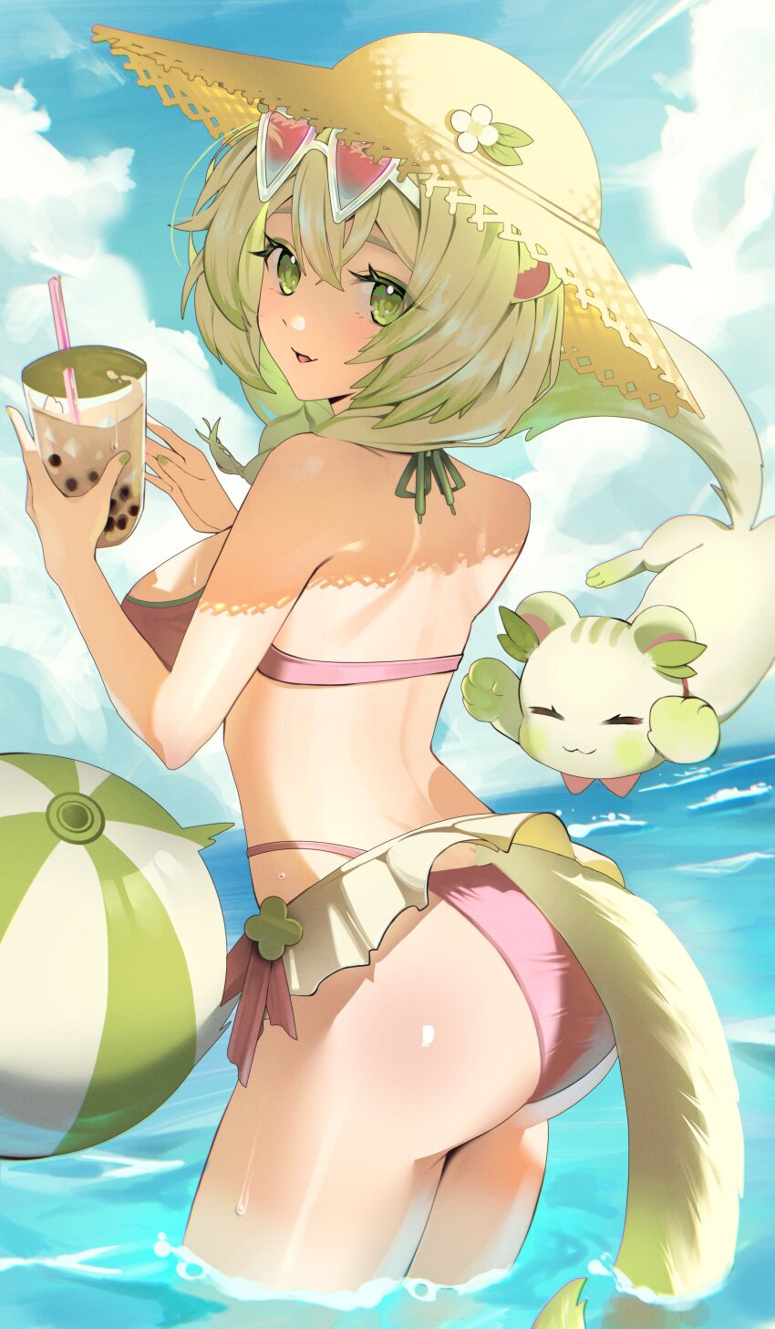 1girl, absurdres, animal_ears, ass, ass_focus, back, ball, bare_shoulders