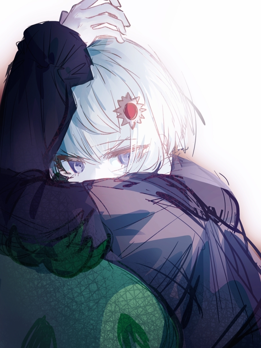 1girl, arm_up, black_shirt, blue_eyes, chinese_commentary, commentary_request, frilled_sleeves, frills