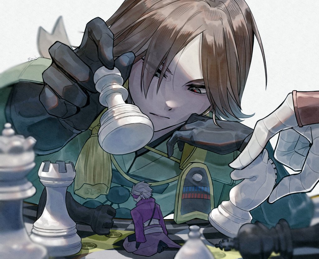 3boys, am1582, bandaged_hand, bandages, black_gloves, board_game, brown_hair, chess