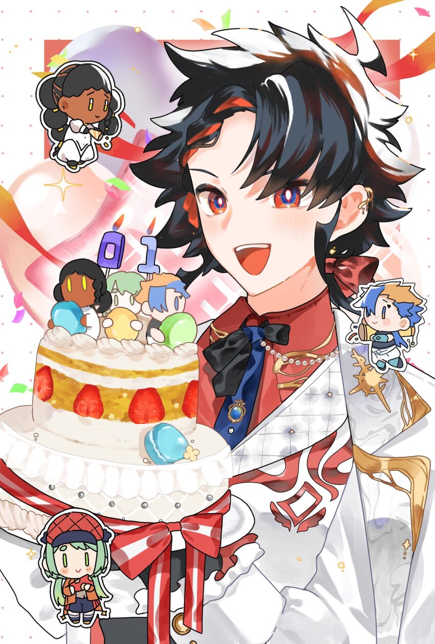 2boys, 2girls, black_hair, blue_hair, bow, braid, cake, chibi