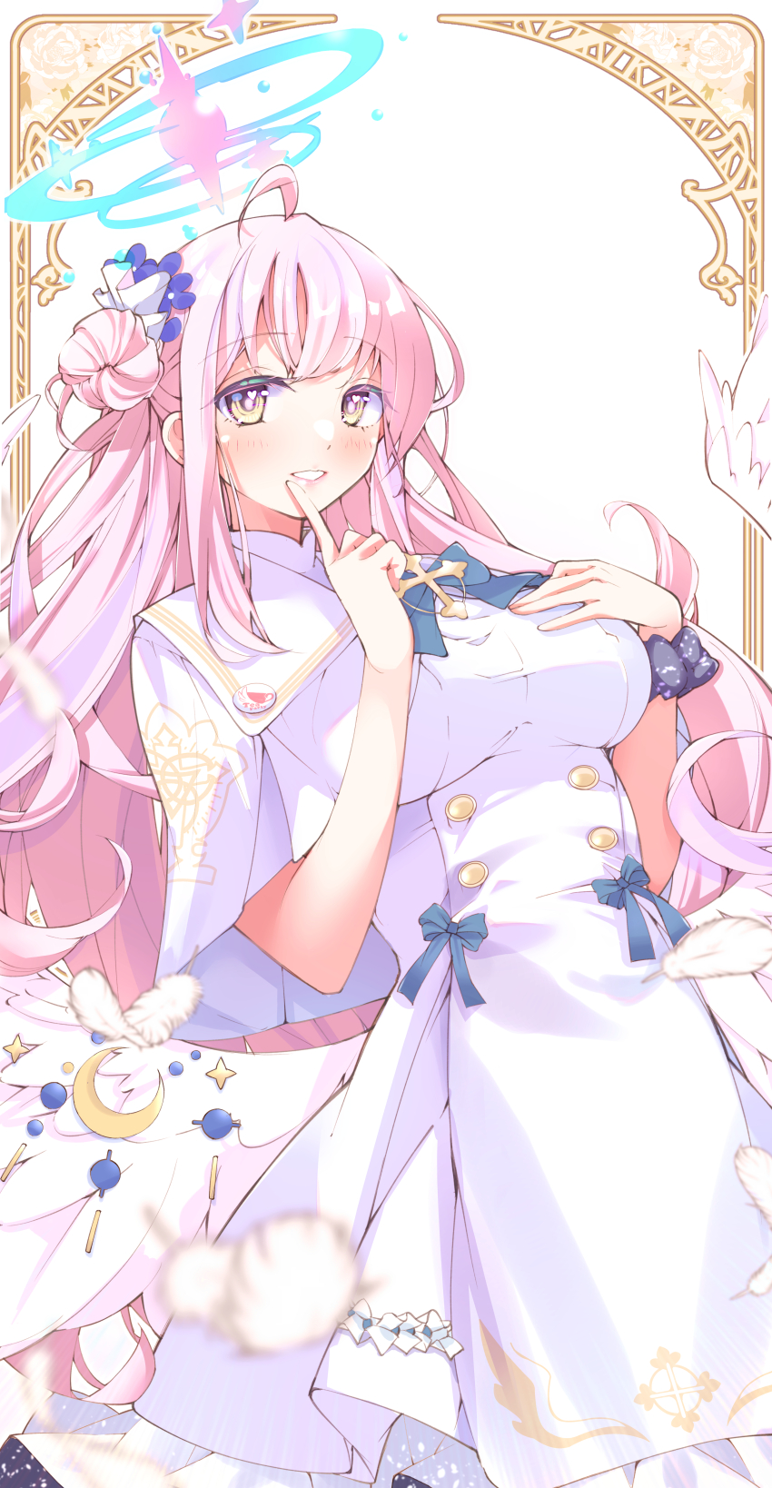 1girl, absurdres, angel_wings, aqua_halo, blue_archive, blue_bow, blush, bow