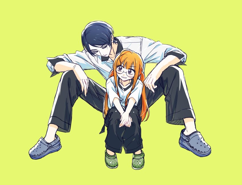 1boy, 1girl, ahoge, alternate_costume, alternate_hairstyle, black-framed_eyewear, black_pants, blue_hair