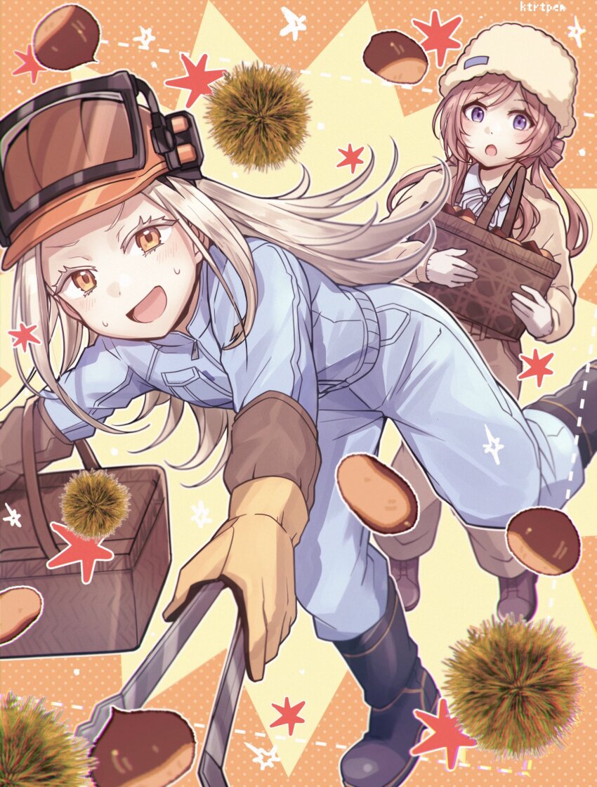 2girls, absurdres, basket, black_boots, blonde_hair, blue_jacket, blue_pants, blush