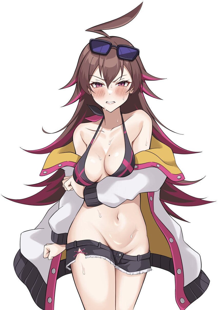 1girl, absurdres, ahoge, bare_shoulders, bikini, bikini_shorts, black_bikini, blush, breasts, brown_hair, cleavage, dapiko_(duel_masters), duel_masters, duel_masters_play's, eyewear_on_head, groin, highres, huge_ahoge, jacket, long_hair, looking_at_viewer, lowleg, mole, mole_on_breast, multicolored_bikini, multicolored_hair, multicolored_jacket, navel, nekohitsuj96199, open_clothes, open_jacket, pink_bikini, pink_hair, purple_eyes, short_shorts, shorts, simple_background, solo, sunglasses, sweatdrop, swimsuit, very_long_hair, white_background