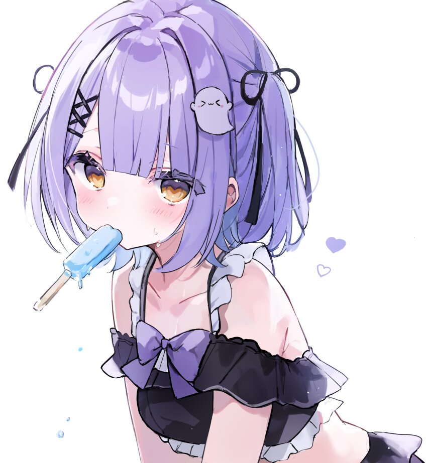 1girl, absurdres, bare_shoulders, black_ribbon, blush, bow, crop_top, food, food_in_mouth, frills, hair_ornament, hair_ribbon, heart, highres, looking_at_viewer, mouth_hold, namu_(x_xww), off_shoulder, popsicle, popsicle_in_mouth, purple_bow, purple_hair, ribbon, shinomiya_runa, short_hair, simple_background, solo, sweat, two_side_up, upper_body, virtual_youtuber, vspo!, white_background, x_hair_ornament, yellow_eyes