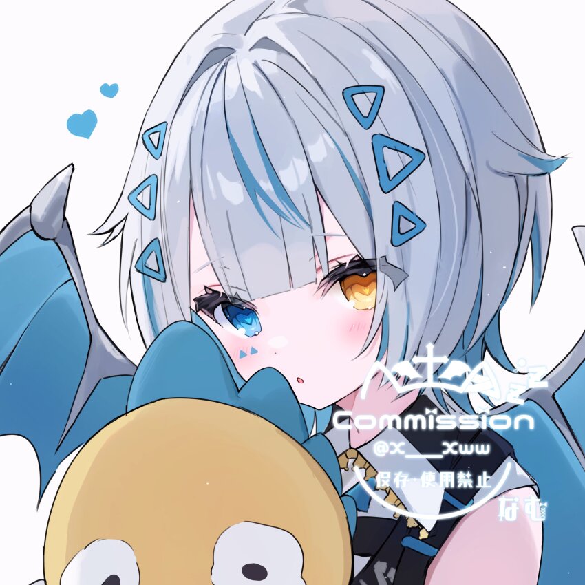 1girl, absurdres, blue_eyes, blue_hair, blue_wings, commission, dragon_wings, grey_hair
