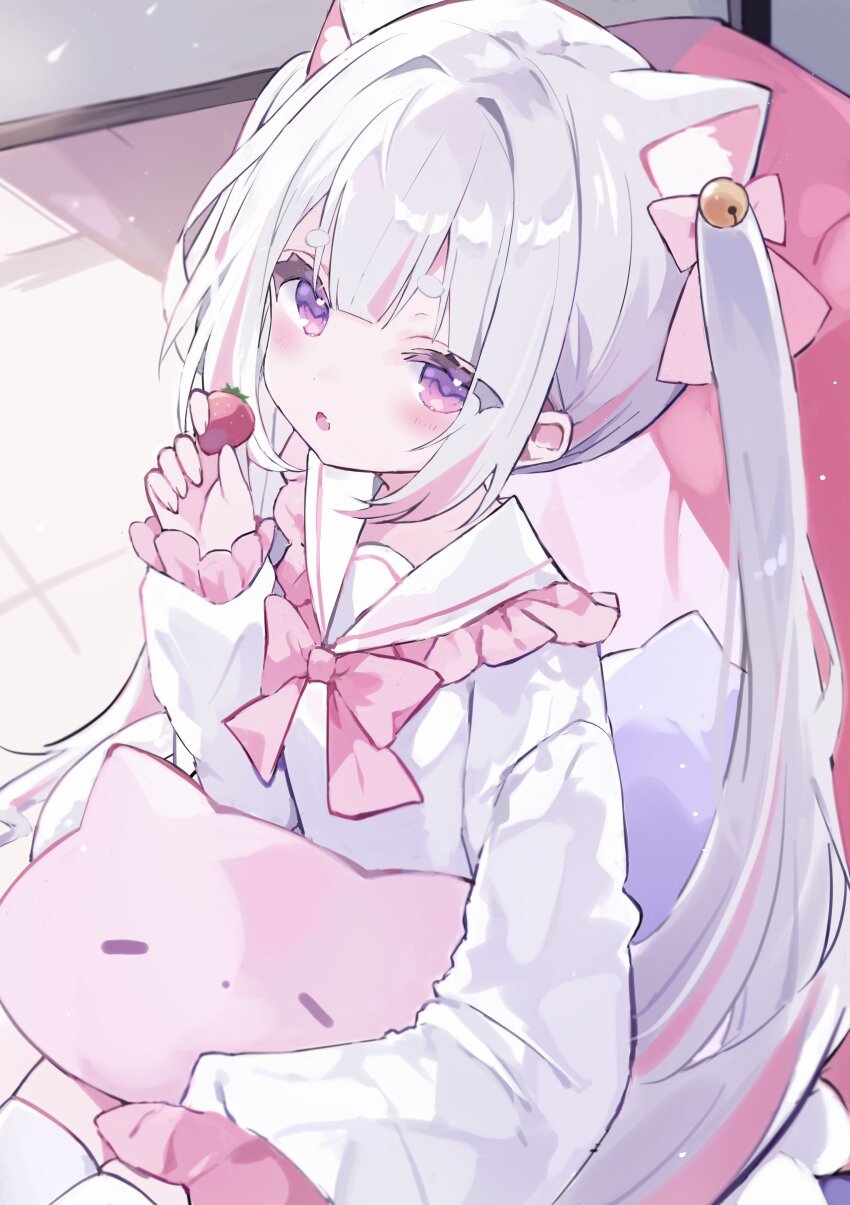 1girl, absurdres, bow, commission, fang, food, frilled_sailor_collar, frills