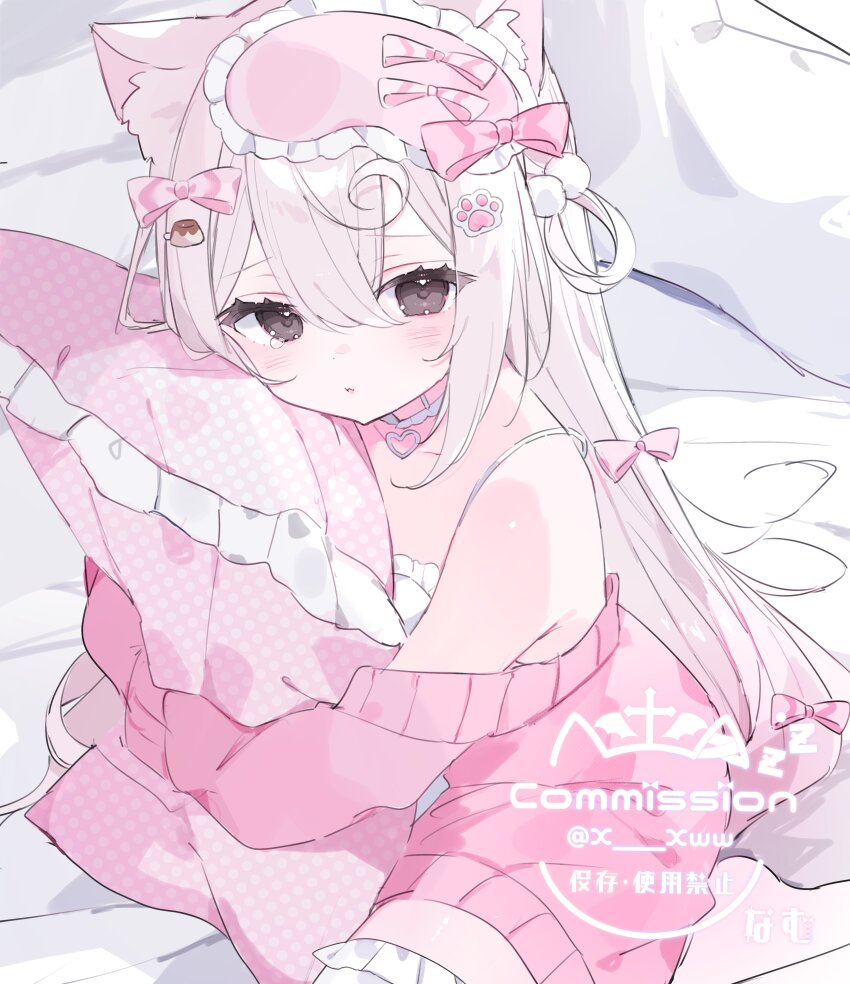 1girl, absurdres, animal_ear_fluff, animal_ears, bare_shoulders, blush, bow, camisole