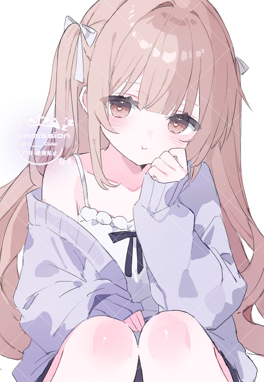 1girl, :t, absurdres, black_ribbon, blush, brown_eyes, brown_hair, camisole