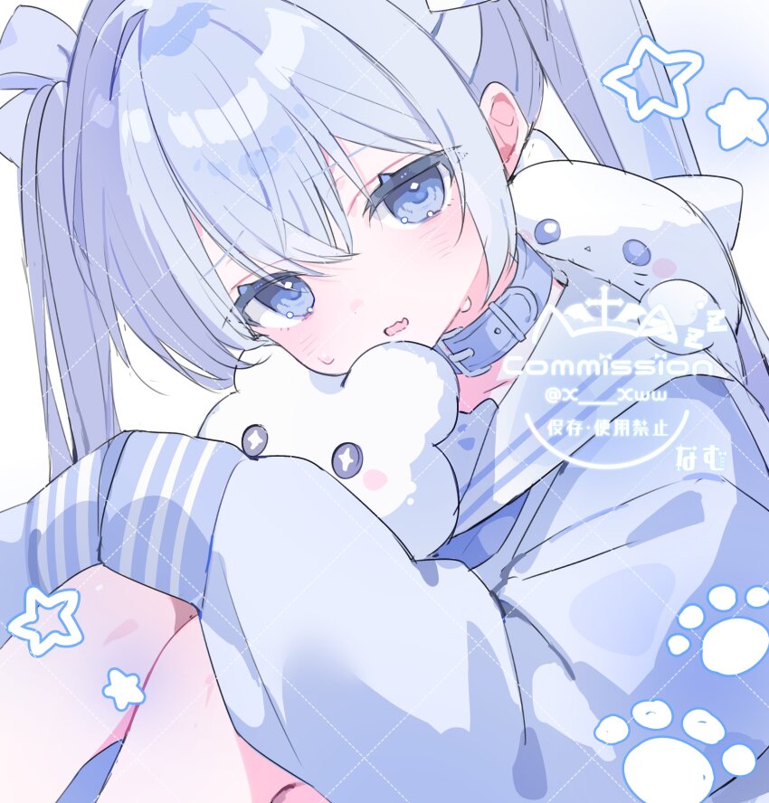 1girl, absurdres, animal_collar, belt_collar, blue_collar, blue_eyes, blue_hair, blue_theme