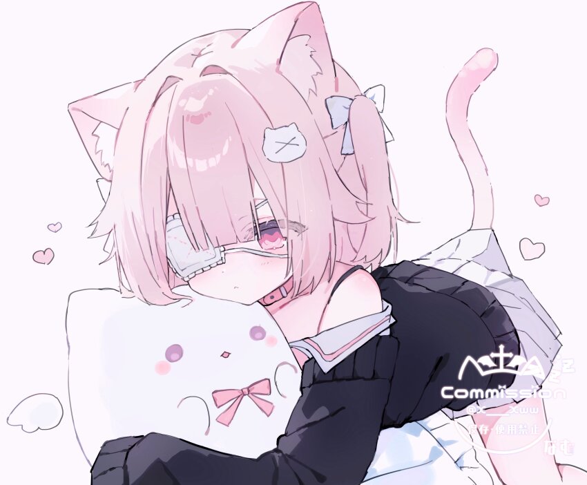 1girl, absurdres, animal_ear_fluff, animal_ears, black_cardigan, black_sweater, bow, cardigan, cat_ears, cat_girl, cat_hair_ornament, cat_tail, collar, commission, eyepatch, hair_bow, hair_ornament, heart, highres, hugging_object, long_sleeves, medical_eyepatch, namu_(x_xww), off_shoulder, original, pink_eyes, pink_hair, pleated_skirt, simple_background, skeb_commission, skirt, sleeves_past_fingers, sleeves_past_wrists, solo, stuffed_animal, stuffed_toy, sweater, tail, two_side_up, white_bow, white_skirt
