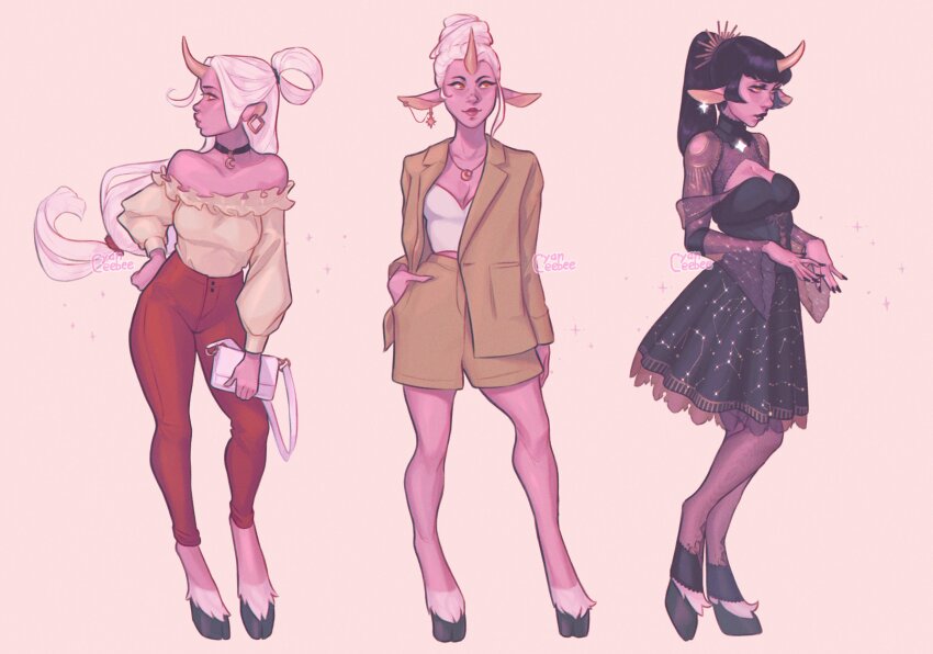 1girl, 3girls, \||/, animal_ear_piercing, animal_ears, aquarius_(constellation), aquila_(constellation), arm_at_side, artist_name, bag, beehive_hairdo, black_choker, black_dress, black_eyeshadow, black_hair, black_lips, black_nails, blazer, breasts, brown_jacket, brown_shorts, capricorn_(constellation), choker, cleavage, cleavage_cutout, clothing_cutout, collarbone, colored_skin, constellation, constellation_print, contemporary, crescent, crescent_choker, crescent_necklace, cyber_(cyanceebee), cygnus_(constellation), deer_ears, deer_girl, delphinus_(constellation), dress, equuleus_(constellation), eyeshadow, fashion, fingernails, frilled_shirt_collar, frills, full_body, glitter, hair_rings, hair_up, hand_on_own_hip, hands_up, high_collar, high_ponytail, highres, holding, holding_bag, hooves, horns, jacket, jewelry, league_of_legends, long_fingernails, long_hair, looking_to_the_side, low-tied_long_hair, lyra_(constellation), makeup, medium_breasts, multiple_girls, multiple_persona, necklace, off-shoulder_shirt, off_shoulder, orange_eyes, pants, pantyhose, pegasus_(constellation), pink_background, pink_skin, ponytail, print_dress, profile, pursed_lips, red_lips, red_pants, sagittarius_(constellation), shirt, shirt_tucked_in, shorts, simple_background, single_horn, solo_focus, soraka_(league_of_legends), sparkle, star_map, white_bag, white_hair, white_shirt