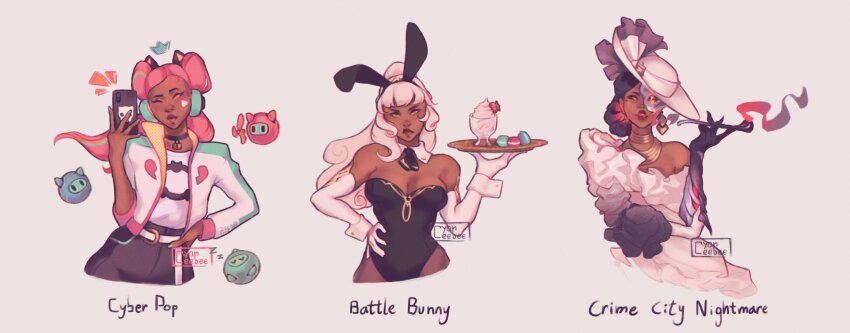 3girls, absurdres, alternate_costume, animal_ear_hairband, animal_ears, artist_name, belt, black_choker, black_hair, black_hairband, black_hands, black_leotard, black_pants, black_sclera, blue_hair, blunt_bangs, breasts, brown_lips, brown_pantyhose, cellphone, choker, cleavage, collar, colored_extremities, colored_sclera, cyber_(cyanceebee), dark-skinned_female, dark_skin, detached_collar, double_bun, dress, elbow_gloves, english_text, eyeshadow, facial_mark, fake_animal_ears, fashion, fingernails, frown, gloves, glowing, glowing_eye, glowing_hair, glowing_smoke, hair_bun, hairband, hand_on_own_elbow, hand_on_own_hip, hand_up, hat, headphones, heart, heart_facial_mark, high_ponytail, highres, holding, holding_phone, holding_smoking_pipe, jacket, large_breasts, league_of_legends, leotard, long_hair, looking_ahead, looking_at_viewer, makeup, multicolored_hair, multiple_girls, multiple_persona, multiple_views, neck_ribbon, off-shoulder_dress, off_shoulder, one_eye_closed, orange_eyes, orange_hair, pants, pantyhose, phone, pink_eyeshadow, pink_hair, pink_lips, playboy_bunny, ponytail, pursed_lips, qiyana_(league_of_legends), rabbit_ear_hairband, rabbit_ears, red_lips, ribbon, selfie, sharp_fingernails, shirt, shirt_tucked_in, simple_background, single_off_shoulder, smartphone, smoking, smoking_pipe, solo_focus, straight-on, strapless, strapless_leotard, streaked_hair, upper_body, wavy_hair, white_background, white_belt, white_collar, white_dress, white_gloves, white_hair, white_hat, white_jacket, white_shirt, white_wrist_cuffs, wrist_cuffs