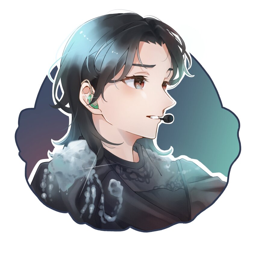 1girl, absurdres, black_hair, brown_eyes, commentary_request, glass_ball_rejection, headset, highres