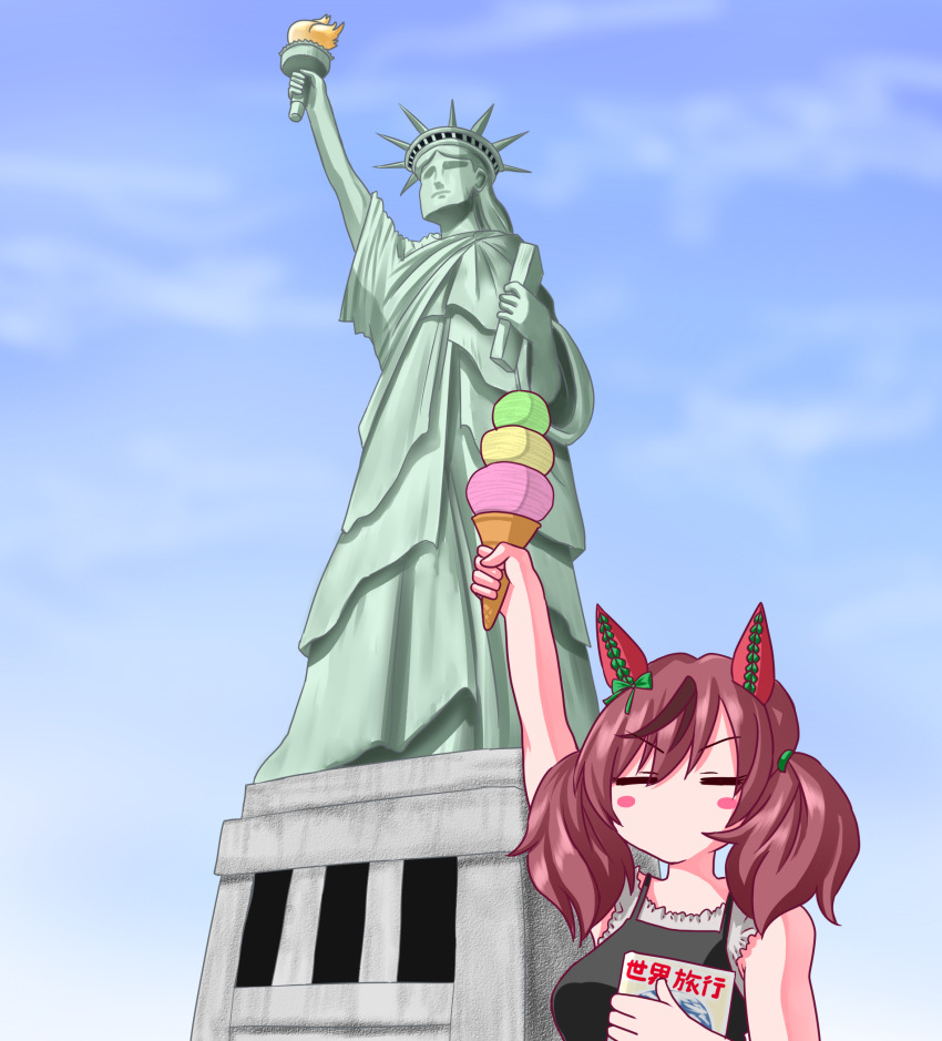 1girl, =_=, alternate_costume, animal_ears, arm_up, blush, blush_stickers, breasts