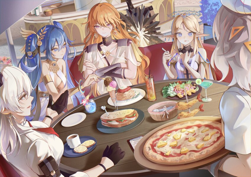 5girls, absurdres, arm_armor, armlet, augusta_(wuthering_waves), bare_shoulders, black_collar, black_gloves