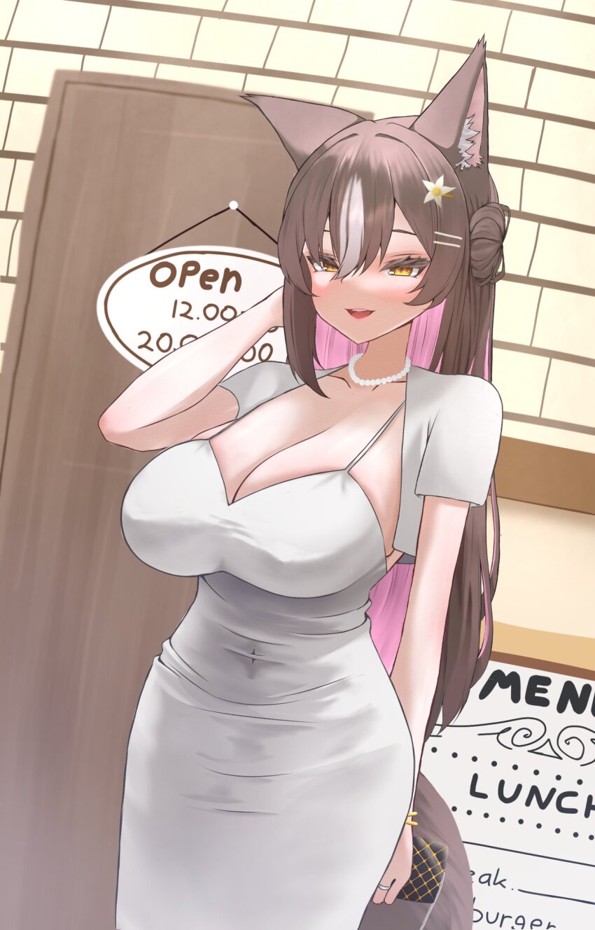 1girl, animal_ear_fluff, animal_ears, bag, bracelet, breasts, brown_hair, chisaka_airi