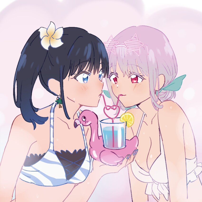 2girls, adjusting_eyewear, bare_shoulders, bikini, black_hair, blue_eyes, blue_nails, breasts