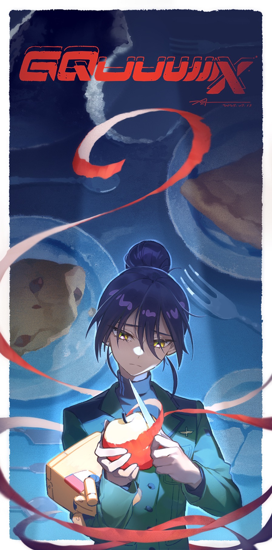 anhypnosis, apple, conch_(gundam), food, fork, fruit, gundam, gundam_gquuuuuux