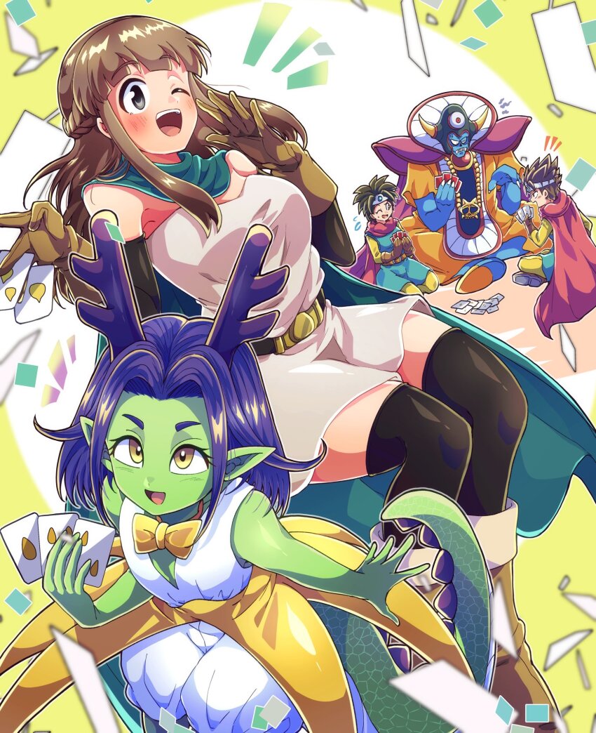 2boys, 3girls, :d, ;d, aqua_cape, black_eyes, black_sleeves, black_thighhighs