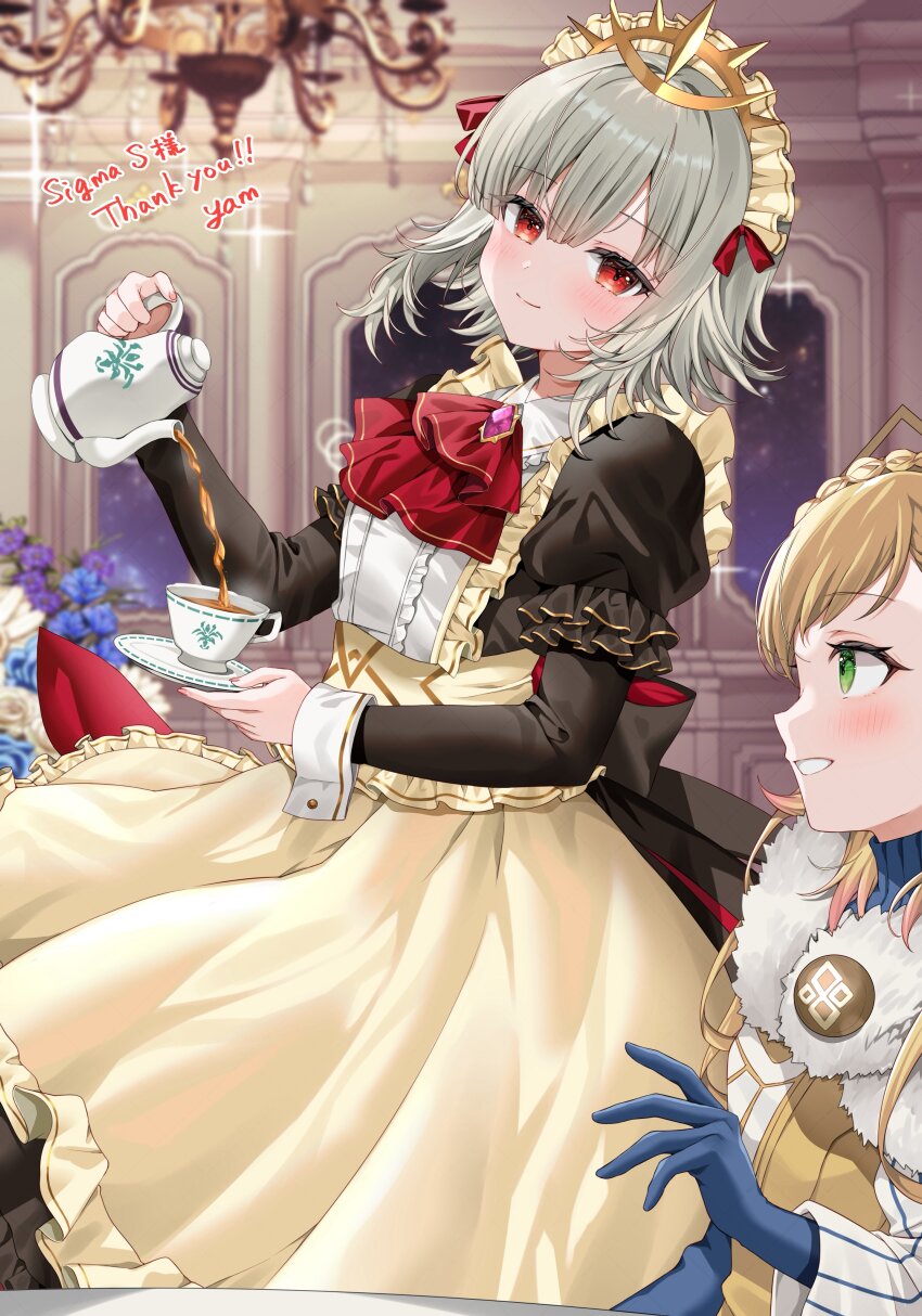 2girls, absurdres, apron, artist_name, ascot, black_dress, blonde_hair, blue_gloves