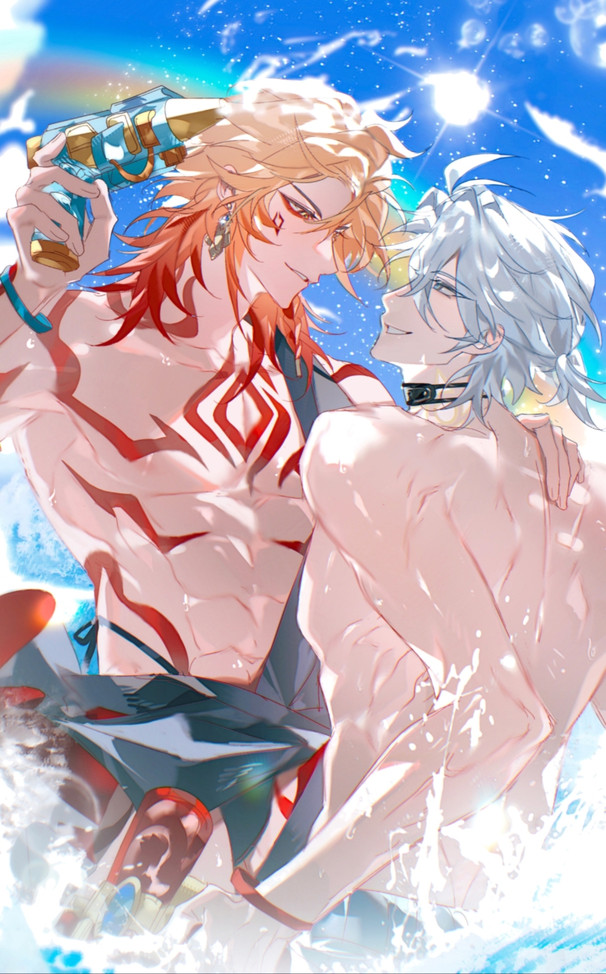 2boys, abs, absurdres, antenna_hair, arm_tattoo, black_choker, blonde_hair, blue_eyes