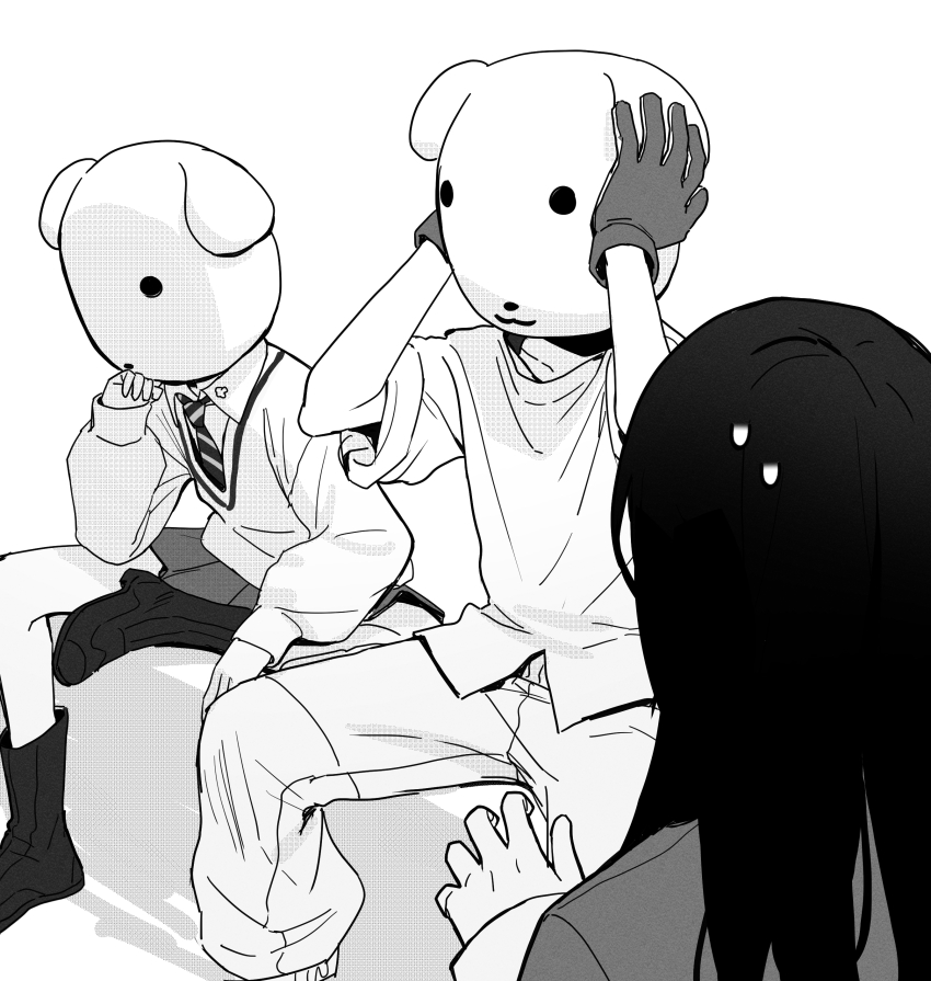 1boy, 2girls, absurdres, amate_yuzuriha, collared_shirt, figure-referenced, gloves, greyscale