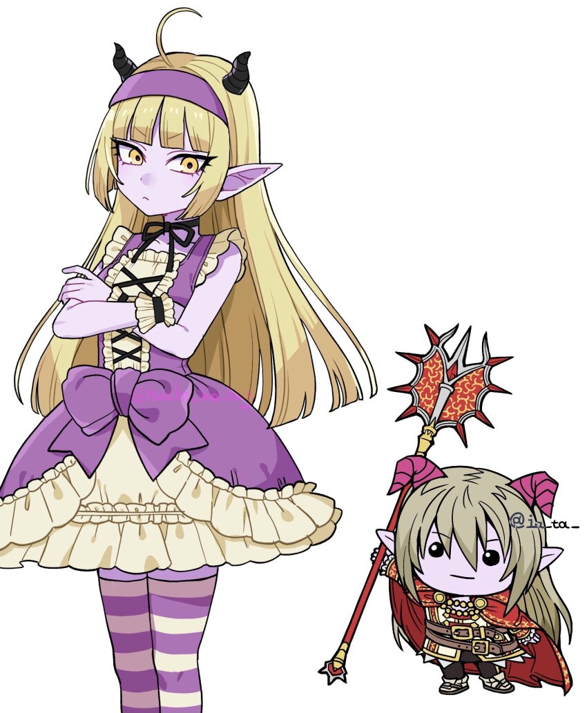 1boy, 1girl, ahoge, azbar_(dragon_quest), black_bow, black_choker, black_horns, black_pants