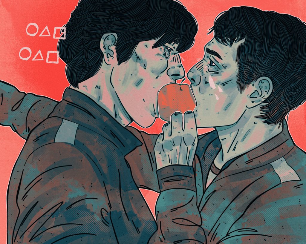 2boys, apple, black_hair, eating, food, fruit, hwang_in-ho, irlplasticlamb