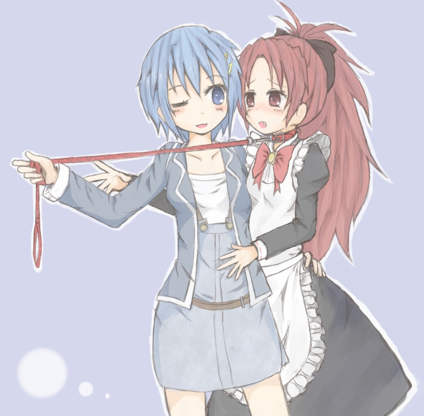 10s, 2girls, alternate_costume, blue_eyes, blue_hair, blush, collar, disz123, enmaided, leash, long_hair, mahou_shoujo_madoka_magica, mahou_shoujo_madoka_magica_(anime), maid, miki_sayaka, multiple_girls, ponytail, red_hair, sakura_kyoko, short_hair