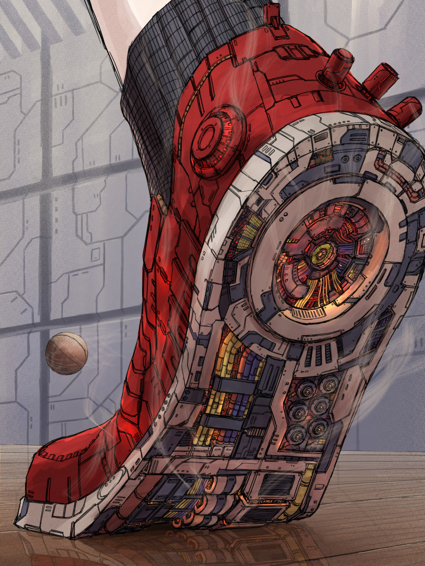 1other, absurdres, ball, basketball_(object), cable, commentary_request, highres, kamikairo, machinery, mechanical_shoes, original, red_shoes, reflective_floor, shoes, solo, steam, tiptoes, vent_(object), wooden_floor