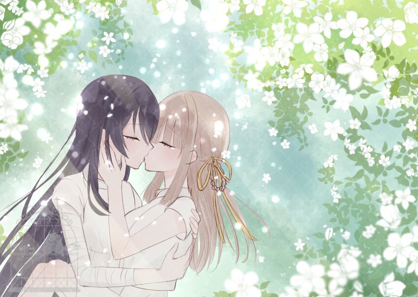 2girls, bandaged_arm, bandages, black_hair, brown_hair, commentary_request, day, dress