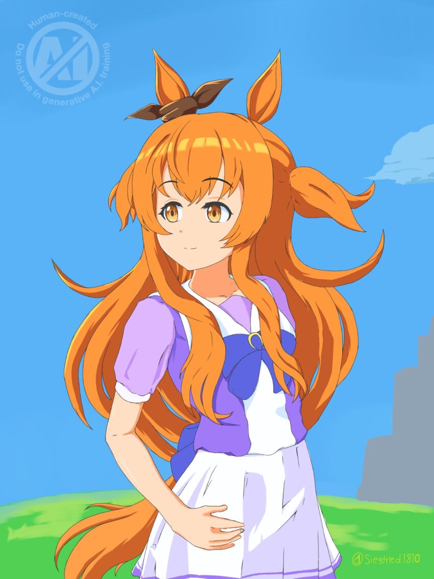 animal_ears, blue_background, blue_sky, hand_on_own_hip, highres, horse_ears, horse_girl, horse_tail