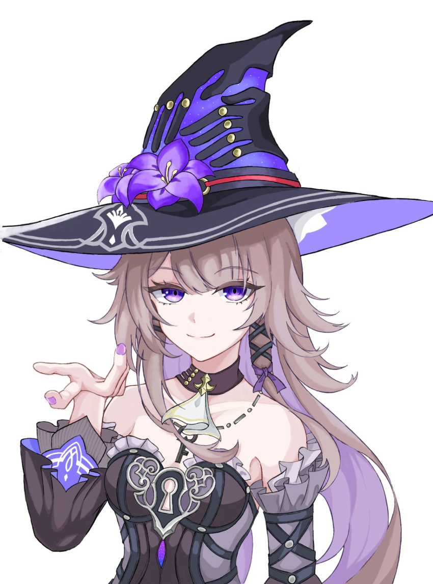 1girl, ascot, bad_anatomy, bad_hands, bare_shoulders, black_choker, black_dress, black_hat, choker, detached_sleeves, dress, flower, frilled_sleeves, frills, grey_hair, hand_up, hat, hat_flower, herta_(honkai:_star_rail), higemaru_1021, highres, honkai:_star_rail, honkai_(series), jewelry, key, key_necklace, long_hair, long_sleeves, looking_at_viewer, nail_polish, necklace, purple_eyes, purple_flower, purple_nails, simple_background, smile, solo, strapless, strapless_dress, the_herta_(honkai:_star_rail), upper_body, very_long_hair, white_ascot, white_background