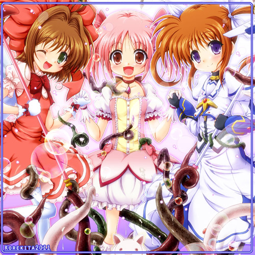 00s, 10s, 1990s_(style), 2011, 3girls, bad_id, bad_pixiv_id, black_gloves